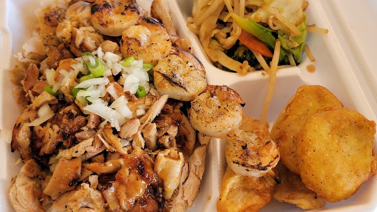 Chicken and Beef with Grilled Shrimp at Ginza Bowl | Teriyaki • Hamburgers