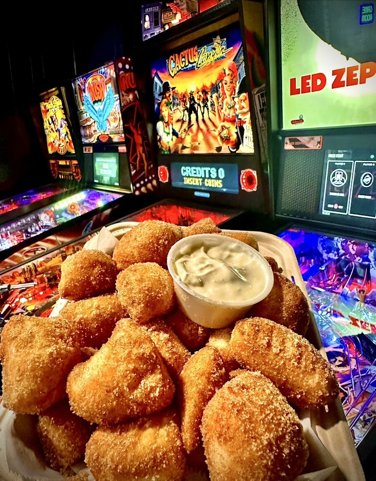 Cinnamon Sugar Pinballs with Cream Cheese Dip at Pinball Pizza