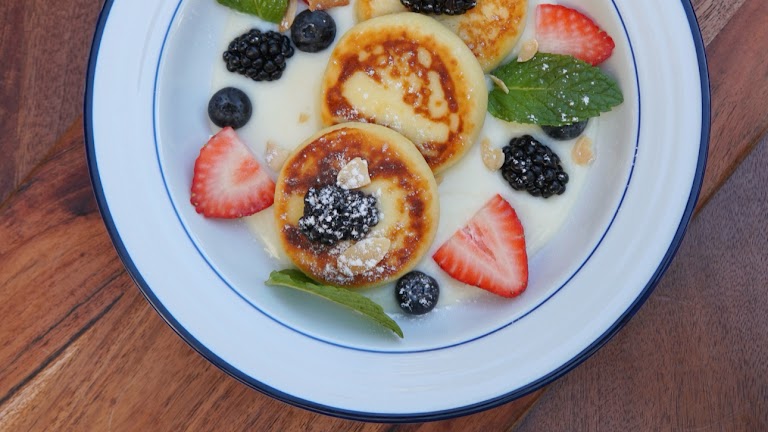 Syrnyky with Berry Sauce at Mom, Please